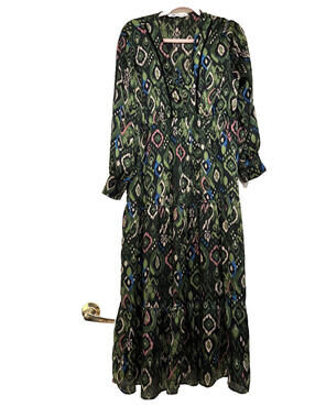 Zara sz XL boho abstract design long sleeve maxi dress V neck green #3298